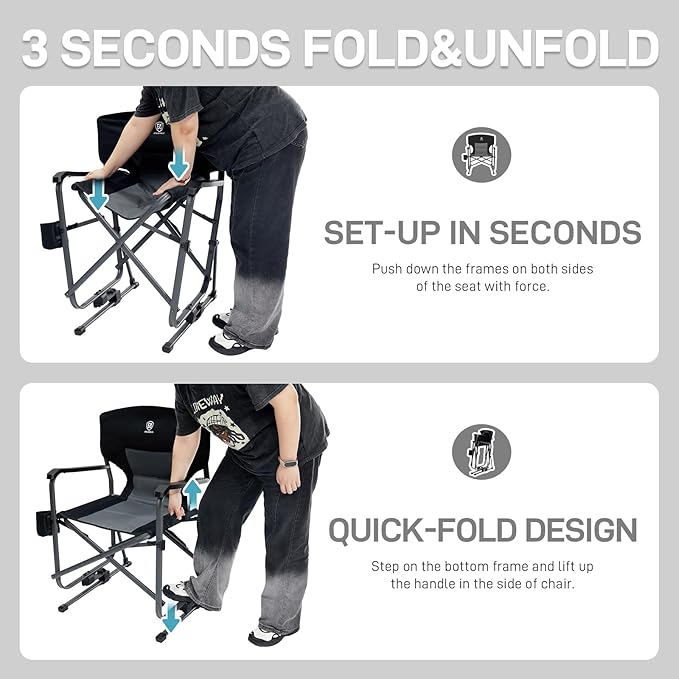 EVER ADVANCED Heavy Duty Rocking Camping Chair Black Supports 400 LBS Quick Set Foldable Portable Outdoor Patio Sports Game Balcony Adult 17 lbs 25 x 25 x 38 inches