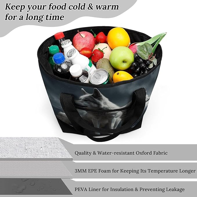 Insulated Shopping BagLarge Reusable Cooler Bags Wolf at Night Printed Foldable Shopping BagTravel Waterproof Shoulder Bag