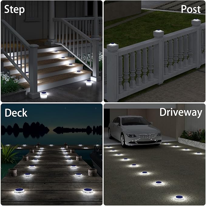 Solar Deck Lights Outdoor Waterproof 6 Pack White Round Deck Lights Solar Powered Flat Stick on Ground Disc Light for Outdoor Pathway Driveway Step Yard Dock Walkway Patio