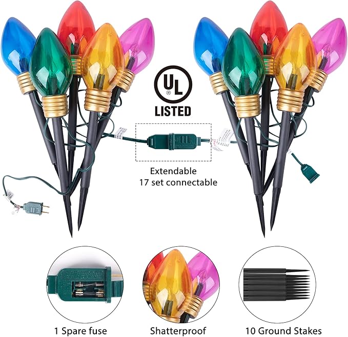 2 Pack Christmas Lights Jumbo C9 Outdoor Lawn Decorations with Pathway Marker Stakes Total 21Ft 10 LED C7 Lights Covered Jumbo Glitter Multicolor Bulb for Holiday Outside Yard Garden Decor
