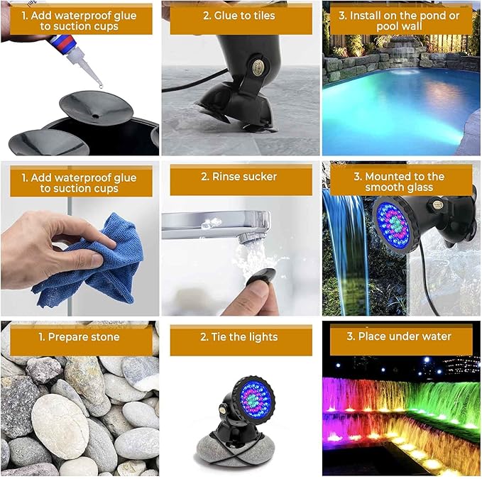 SHOYO Pond Lights Color Changing Spotlights with Timer Submersible Fountain Lights Memory Dim Adjustable IP68 Waterproof Underwater RGB for Outdoor Garden Yard Lawn Water Pond Fountain 4 in Set