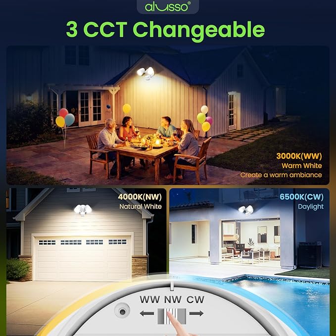 ALUSSO Motion Sensor Outdoor Lights Metal Heads 30W 3600LM Flood Lights Outdoor 120V 3 Modes Dusk to Dawn/Auto/On Time 3000K 4000K 6500K Adjustable Hardwired Security Light ETL Listed White 1PC
