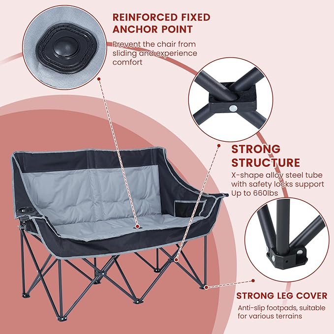 DoCred Heated Double Camping Chair Heated Folding Camping Chairs Loveseat Outdoor SportsHeating Oversized Loveseat Chairs for Adults2 Person Camp Chair with 3 Heat Levels Battery NOT Included