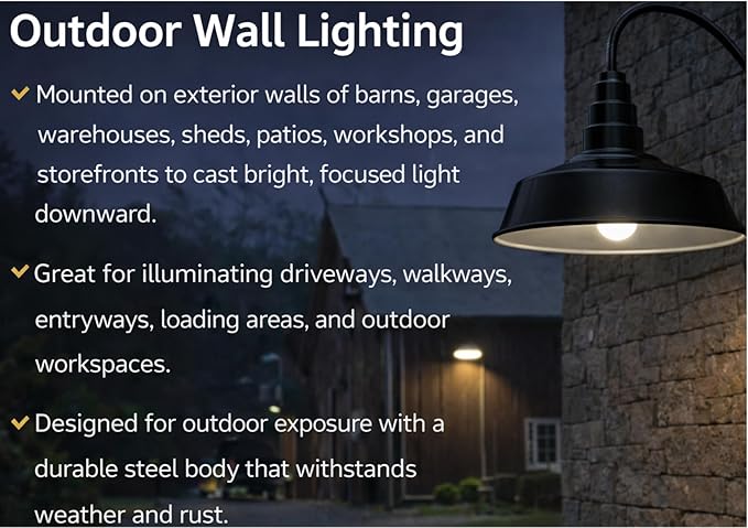 AGB102-AS20-BK Gooseneck Barn Light - Black Outdoor Dome with Incandescent Downlight | Wall-Mount Fixture for Patios Gardens Pathways and Large Outdoor Living Spaces