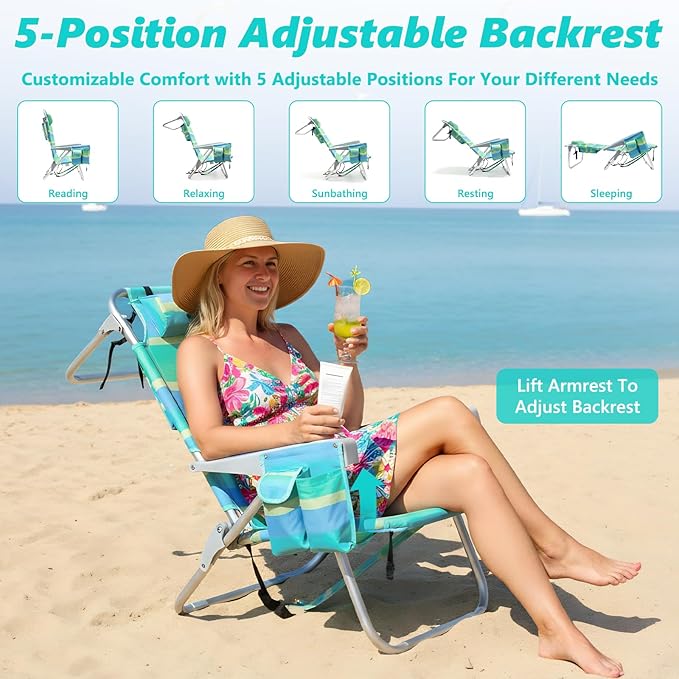 2 Pack Low Beach Chair for Adults5 Position Lay Flat Portable Folding Aluminum Reclining Backpack Beach Chairs Heavy Duty with Cup Holder Large Pocket for Outdoor/Lawn/Picnic/Fishing