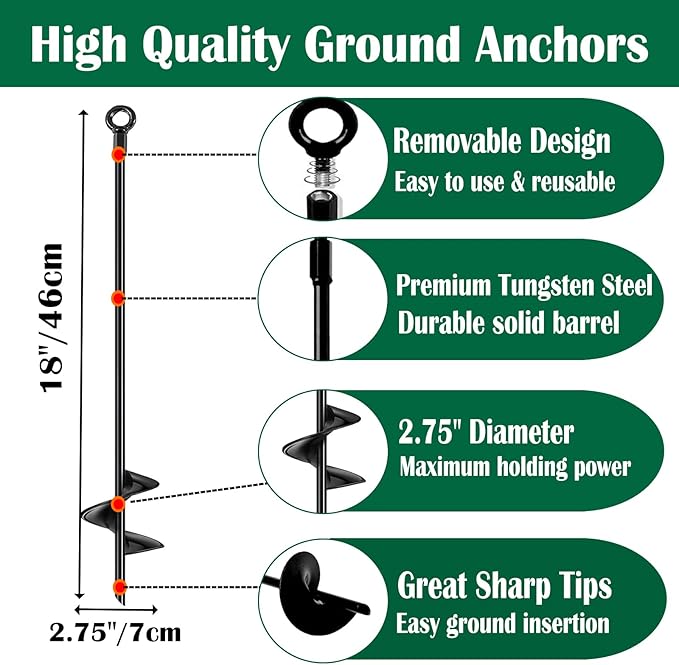 18 inch Ground Anchors Srew in Heavy Duty Earth Shed Anchor Kit Trampoline Stake Hook for Dirt Swing Sets Playset Tent Canopy Carport Mobile Home Tie Down 6 Pack