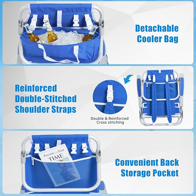 SUNNYFEEL Beach Chairs for Adults 2 Pack 5 Position Lay Flat Portable Folding Backpack Beach Chair Heavy Duty with Cooler Bag Cup Holder for Outdoor/Lawn/Picnic Foldable Camping Chair