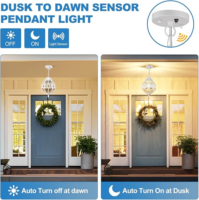 Dusk to Dawn Globe Outdoor Pendant Lights White Porch Hanging Lantern Pendant Lighting Outside Aluminum Waterproof Adjustable Ceiling Light Vintage Amber Glass Exterior Chandelier