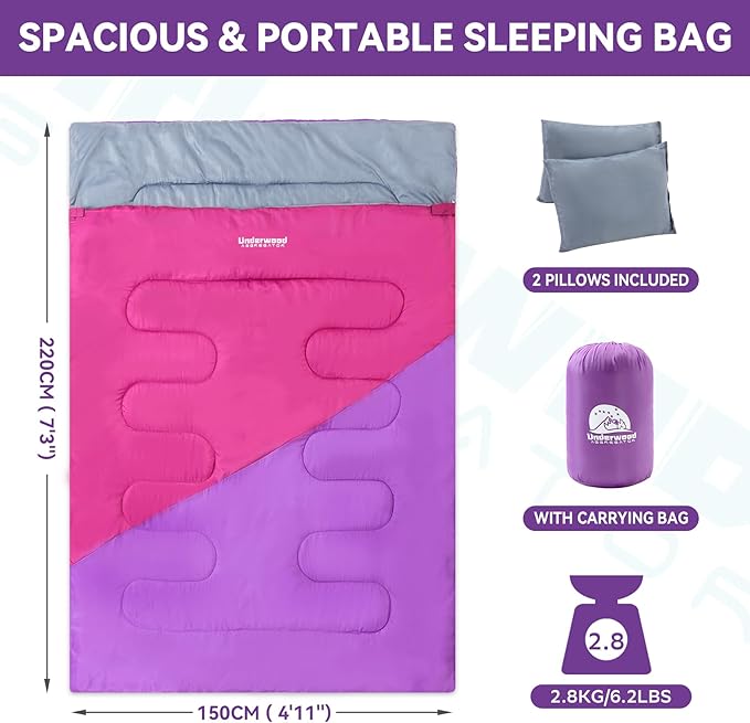 Double Sleeping Bag for Adults Kids - Lightweight 2 Person Sleeping Bag with Pillow Queen Size Waterproof Camping Sack Two Person for Girls Boys Youths Teens Compact for Cold Weather &amp Warm