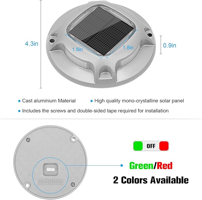 VOLISUN Christmas Solar Driveway Lights Dock Marine Lights 4 Pack2 Colors in 1Outdoor LED Deck LightsSolar Powered Waterproof Warning Step Lights for Driveway Sidewalk Pathway (Red/Green)