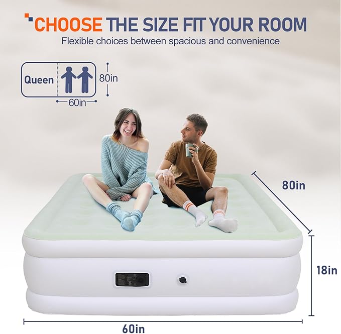 Queen Size Air Mattress with Built-in Pump Inflatable Bed Blow Up Mattress 18in Green White