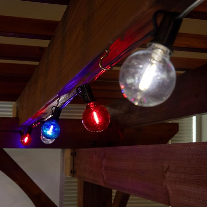Novelty Lights G40 Filament LED String Light Translucent Red/White/Blue Bulbs 25 Globe Lights with 12 Spacing on Black Wire Indoor/Outdoor Festive Patio Lights