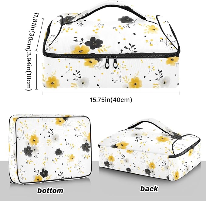 Casserole Carrier Black and Yellow Flowers PaternInsulated Casserole Carrier for Hot or Cold Food Thermal Lunch Tote for Potluck Parties Picnic Beach Fits 9 x 13 Inches Baking Dish