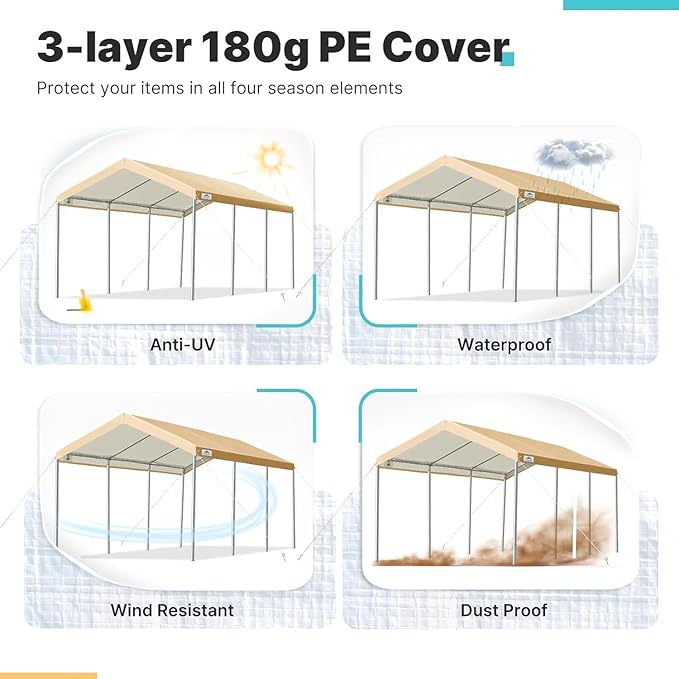 Carport Replacement Canopy Cover for Car Tent Top Garage Shelter Cover Tarp with Ball Bungees (Only Top Cover Frame Not Include) (Beige 10’ x 20‘)
