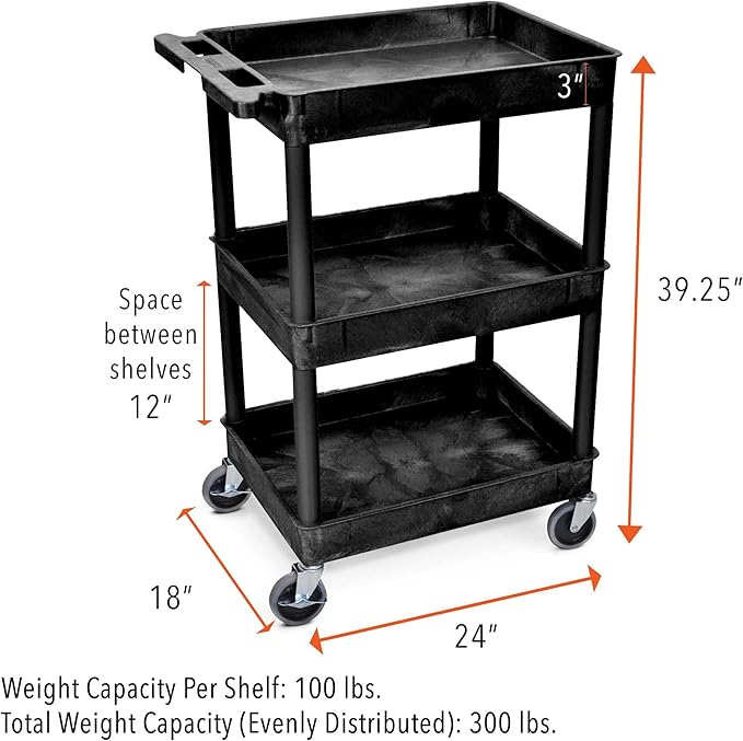 Stand Steady Tubstr Compact Utility Cart Black 2.5 in Deep Tub Shelves 300 lbs Weight Capacity