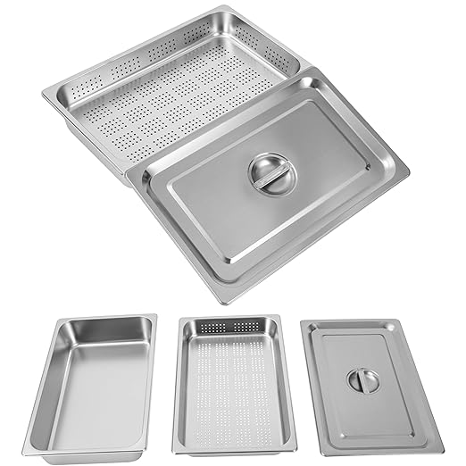 A Set of Full Size 4 in Steam Table Pan and 2.6in Perforated Pan with Lid Hotel Pan Food Warmer Pan Buffet Tray Servers Pans for Catering Kitchen Restaurant Supplies