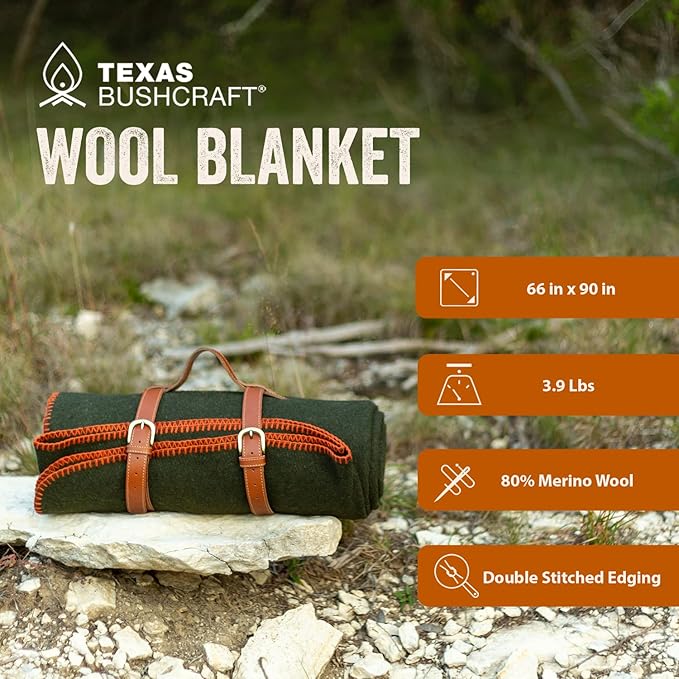 Texas Bushcraft Merino Wool Blanket for Camping Hiking and Backpacking - Water and Fire Resistant Camp Car Blanket Fast-Warming and Durable With Double-Stitched Edging (66 x 90)
