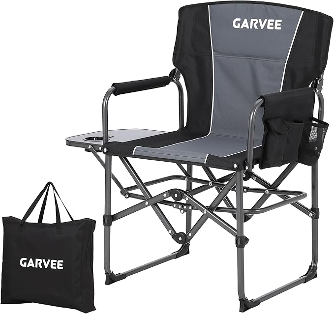 GarveeLife Oversized Directors Camping Chair Portable Folding Chair for Adults Support 400 lbs Heavy Duty Lawn Chair with Side Table for Camping Sports Picnic Beach Fishing (1 PCS Black)
