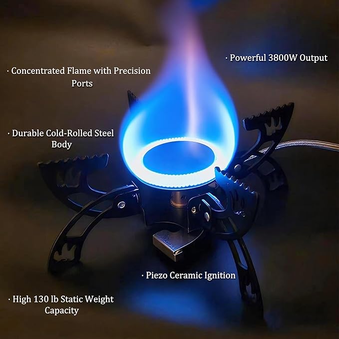 Foldable Camping Stove Portable Windproof Gas Stove with 3 Gas Canister Converters - Compact Outdoor Cooker for Hiking Backpacking Includes EVA Carrying Case Wind Shield &amp Pot Support (Black)