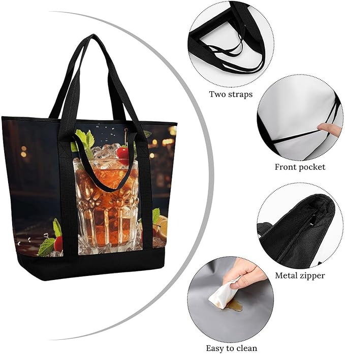 Insulated Shopping BagLarge Reusable Cooler Bags Classic Cocktail Printed Foldable Shopping BagTravel Waterproof Shoulder Bag