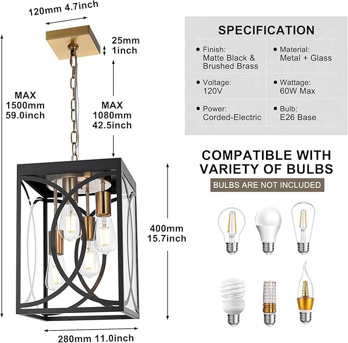 4-Lights Large Outdoor Pendant Light Fixture E26 Bulb Base Porch Hanging Lighting in Black &amp Brushed Brass Modern Exterior Lantern Chandelier Ceiling Mount for Patio Front Door