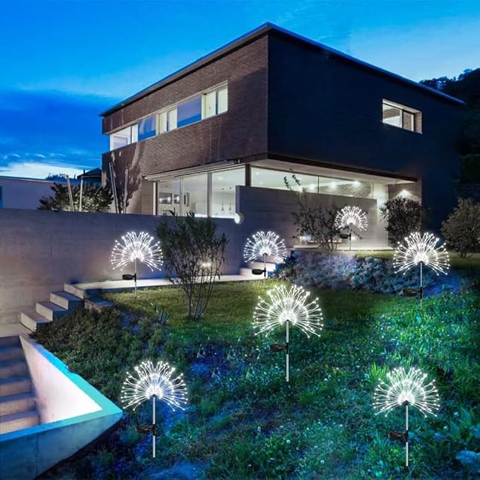Solar Firework Lights 2Pcs Garden Lights Outdoor Waterproof 120 LED with 8 Modes Twinkling and Steady-On Festive daysStarburst Lights for Path Patio Yard (Cool White)