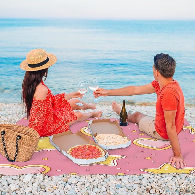 Waterproof Sandproof Beach Blanket 59''×68'' Golden Star Polyester Outdoor Picnic Blanket with 4 Stakes &amp Storage Bag for BeachCampingVacation Leather Pink