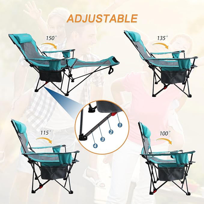 Reclining Camping Chair with Removable Footrest Lounge Chair with Headrest Cotton Cushion Portable Adjustable Folding Chairs