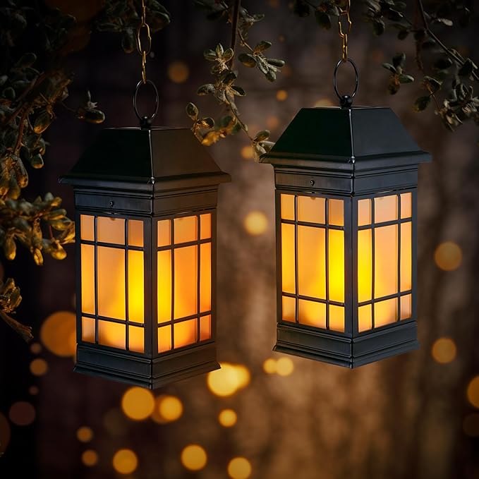 15.5 Solar Lantern Outdoor Waterproof Glass Flickering Flame Solar Lanterns Hanging Metal Lantern Decorative for Patio Front Porch Garden Backyard Tabletop Mothers Day Gifts Mom