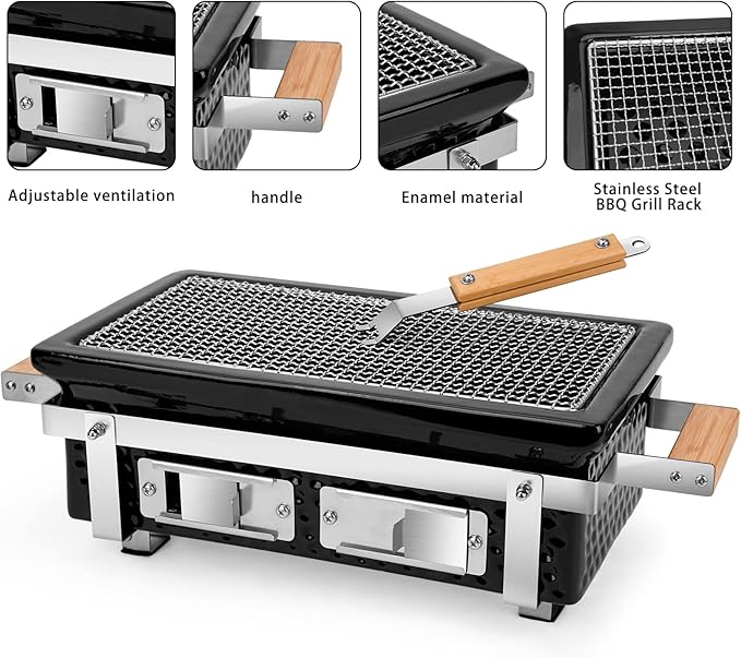 Charcoal BBQ Hibachi Grill with Grid Lifter Portable Yakitori Grill with Stainless Steel Grate Barbecue Stove for Outdoor Camping Picnic Patio Backyard Cooking GS306