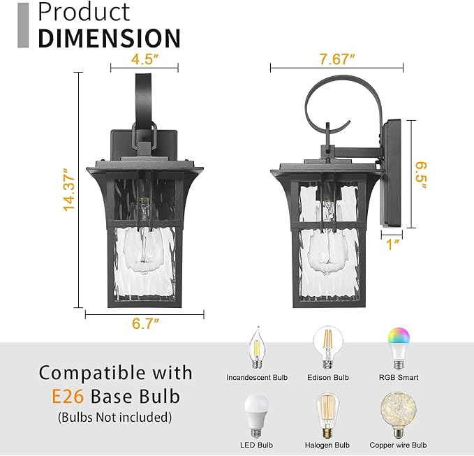 Darkaway Outdoor Wall LightExterior Lighting Fixtures Wall Mount Porch Lights Waterproof Outside Sconce with Water Ripple Glass for Patio Hallway Garage Front Door