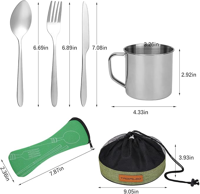 Stainless Steel Camping Cutlery Set - 8 Piece Includes Spoons Mugs Bowls Plates Rags &amp Organizer Straps - Easy to Carry for Backpacking Camping Hiking and Picnics