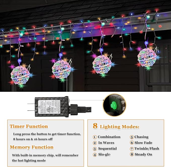 Outdoor Christmas Balls Lights Tree Lights Waterproof 4 Pack 7.87 LED Hanging Globe Sphere Lights with 8 Lighting Modes Memory Timer Plug for Party Wedding Xmas Porch Patio Garden Yard Decorations