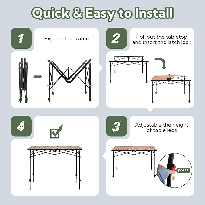 Portable Outdoor Adjustable Height Camping Table Large for 2-6 Person Foldable Roll-up Aluminum Camp Table with Carry Bag for Picnic Camp Sturdy Stable Loads 220 Lbs