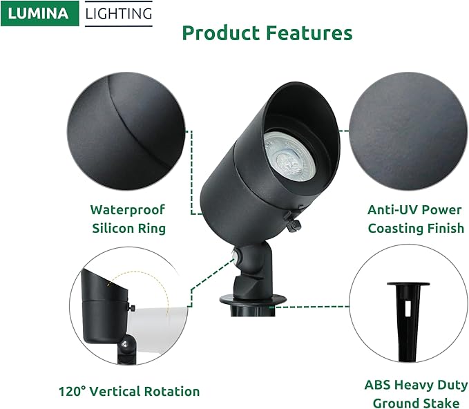 Lumina Lighting® 4W Landscape Lighting 12V Landscape Lights Low Voltage Landscape Spotlights Warm White Waterproof Outdoor Replaceable LED Bulb for Garden Lawn Porch Patio and Yard (Black 6-Pack)