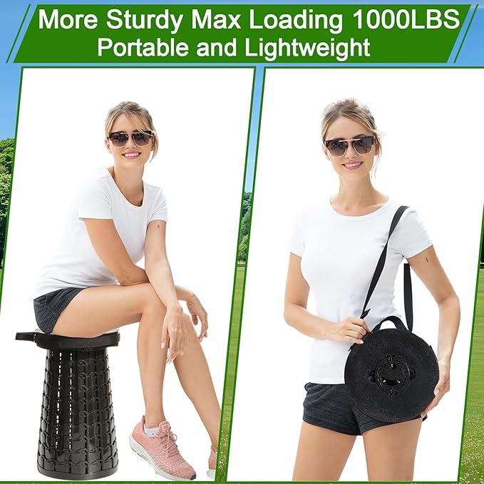 2026 Upgraded XXL Collapsible Stool with Thick Cushion19.7H-11.8D Telescoping Folding Stool for Adults More Sturdy Camping Stools with Load Capacity 1000lbs for OutdoorGardenFishingHiking