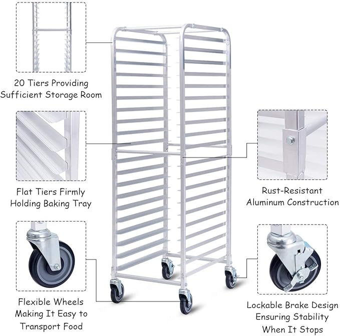 ReunionG 20 Tier Bakery Rack w/Lockable Wheels Aluminum Trolley Storage Cooling Rack Home Commercial Kitchen Backing Rack Casters &amp Open Shelf Mobile Bun Pan Sheet Rack for Donuts and Bread