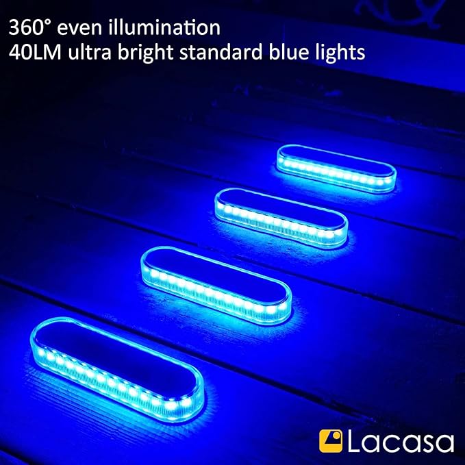 Lacasa Solar Deck Lights 4 Pack 40LM Solar Powered Step Lights Blue Light LED Dock Light Outdoor In-Ground Lights IP68 Waterproof Auto ON/Off for Garden Stairs Driveway Pathway Lighting