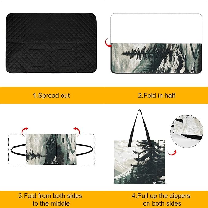 Zipper Hand Drawn Two Pine Trees Style Picnic Mat Suitable for Travel Camping Park Or Home Use