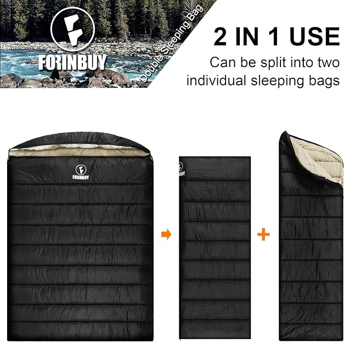 Double Sleeping Bag for Adults 3-Season Queen Size 2 Person Waterproof Sleeping Bag for Couples &amp Family Extra Soft &amp Large Camping Sleeping Bag for RV Travel Home Use (Fits Up to 6'2)