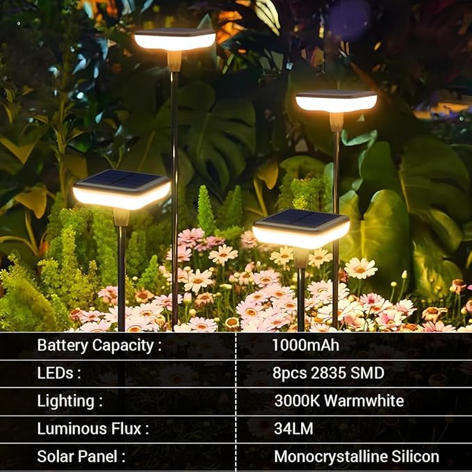 Solar Lights Outdoor Pathway 8 Pack IP65 Waterproof 31 Solar Garden Lights 2 Heights Adjustable Auto On/Off Lasting 12H for Walkway Patio Lawn Path Yard Plants Flower Beds Landscape Decor