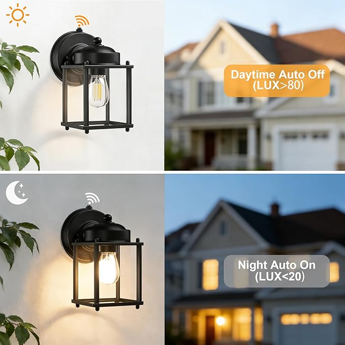 LIT-PaTH Dusk to Dawn Outdoor Wall Lantern Exterior Waterproof Wall Sconce Light Proch Lighting Fixture with E26 Socket Modern Outside Lights for Front Door Garage Patio Black 2 Pack