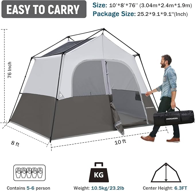 HIKERGARDEN 6-8 Person Camping Tent - Portable Family Cabin Tent for Camp Windproof Fabric Camp Tent Outdoor for Hiking Backpacking Traveling