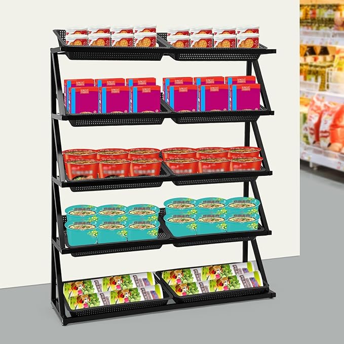 59.06in 5 Tier Retail Display Rack Market Shelf Metal Wire Display Shelf Fruit Vegetable Snack Basket Set Shelf 220 Lbs Capacity 10 Hollow Plastic Storage Containers Protective Covers