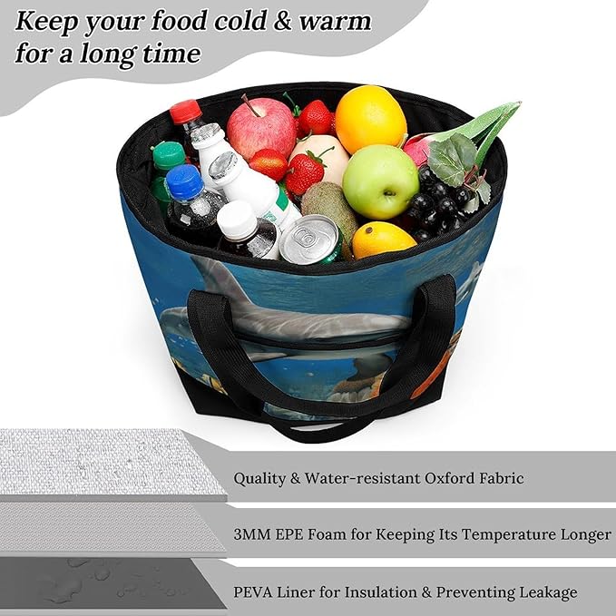 Insulated Shopping BagLarge Reusable Cooler Bags Dolphins Blue Printed Foldable Shopping BagTravel Waterproof Shoulder Bag