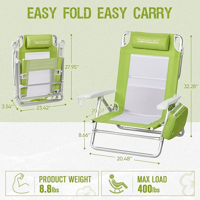Old Bahama Bay Reclining Beach Chair Backpack 5-Position Lay Flat Lounge Chair for Adults Heavy Duty Portable Folding Lightweight with Cooler Bag Camping Chair for Sand Outdoor