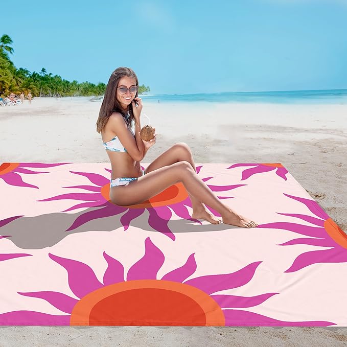 Large Beach Blanket Waterproof Sandproof 9×10 FT Beach Mat Sand Free for 2-8 Adults with Stakes and Sand Pocket Foldable Picnic Blankets for Outdoor Camping Hiking Vacation Essentials-Boho Sunset