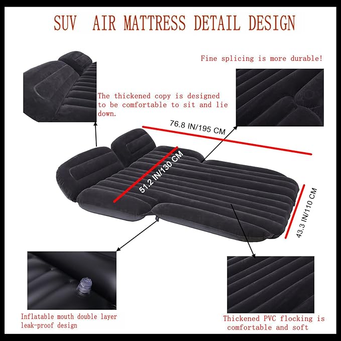 Inflatable SUV Air MattressThickened Flocking Car Travel Camping Bed with 2 Pillows &amp Air PumpPortable Car Sleeping Mattress for SUV Trunk and Rear
