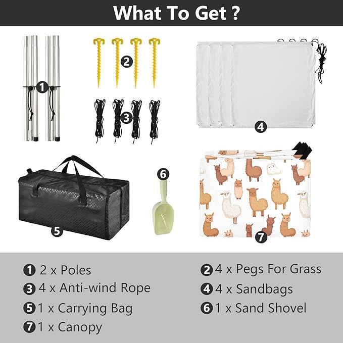 ALAZA Cartoon Llamas Alpacs Beach Tent Sun Shelter UPF50+ Protection Beach Shade Canopy w/ 4 Sandbags for Outdoor Camping Fishing Backyard Fun Picnic 10x9 ft