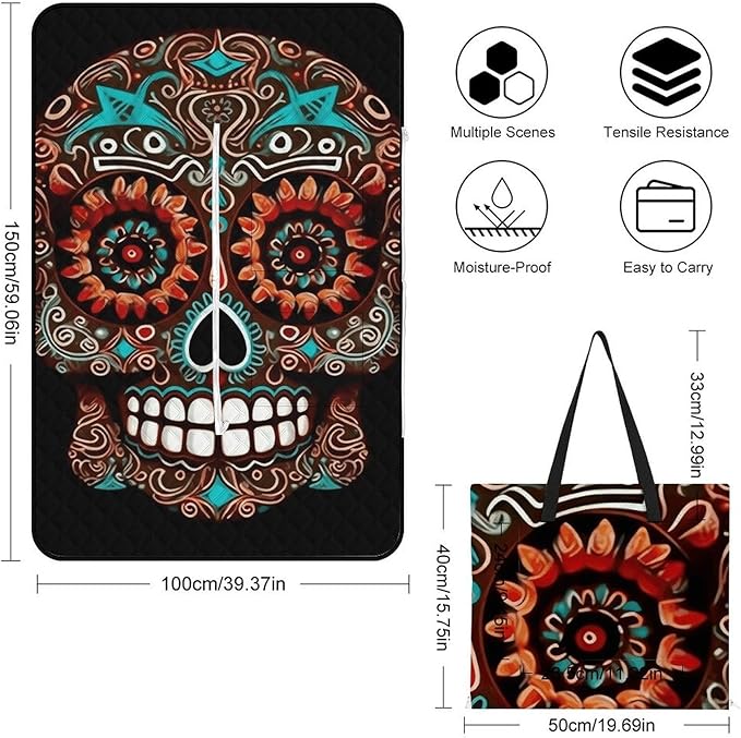 Zipper Sugar Skulls Day of The Dead Style Picnic Mat Suitable for Travel Camping Park Or Home Use